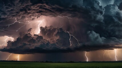 Obraz premium A dramatic thunderstorm sky filled with dark, swirling clouds and flashes of lightning, capturing the intensity and power of nature in a striking and atmospheric scene.