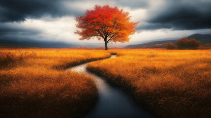 Fototapeta premium Golden Meadow with a Vibrant Tree and Gentle Stream