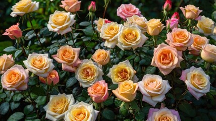 A lush rose bush in full bloom, showcasing an array of vibrant roses in various colors, creating a beautiful and fragrant garden scene perfect for floral enthusiasts.