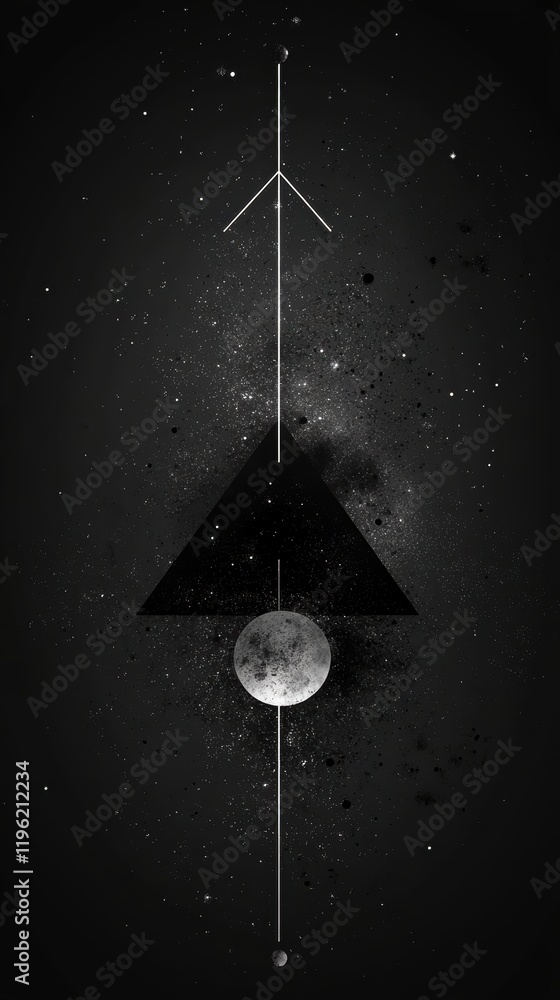Poster minimalist dark design with geometric shapes like triangles and circles, layered on a deep black bac