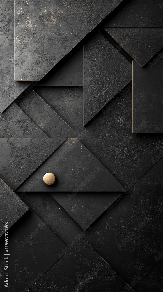 Poster minimalist dark design with geometric shapes like triangles and circles, layered on a deep black bac
