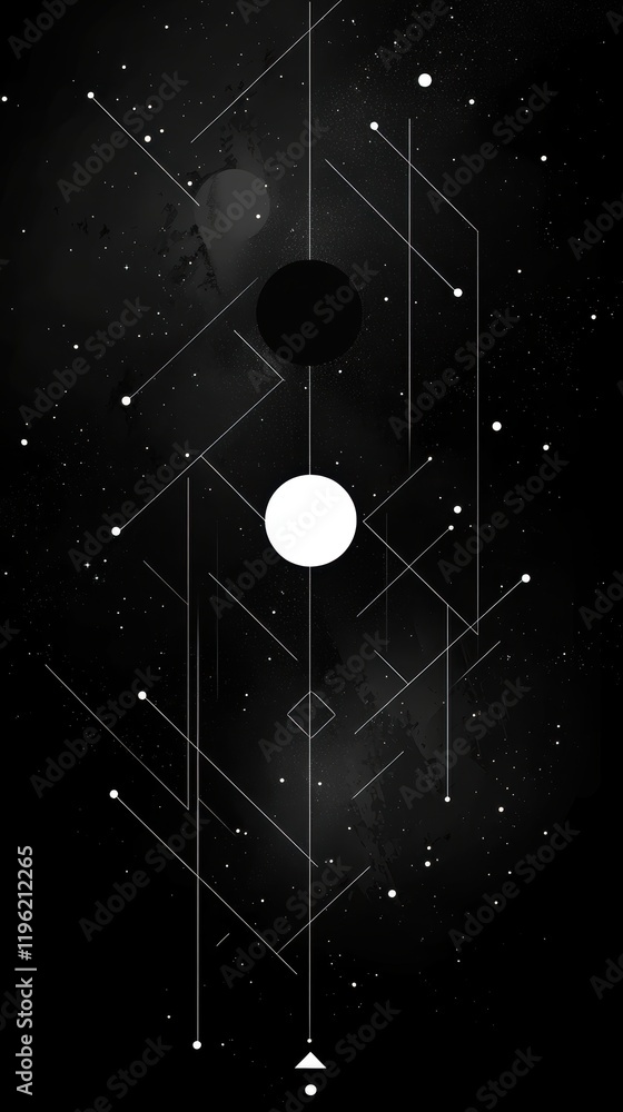 Poster minimalist dark design with geometric shapes like triangles and circles, layered on a deep black bac