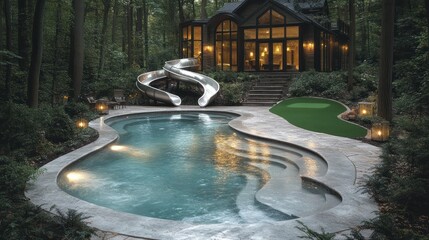 Luxury Backyard Oasis: Swimming Pool, Waterslide, and Putting Green in a Wooded Setting