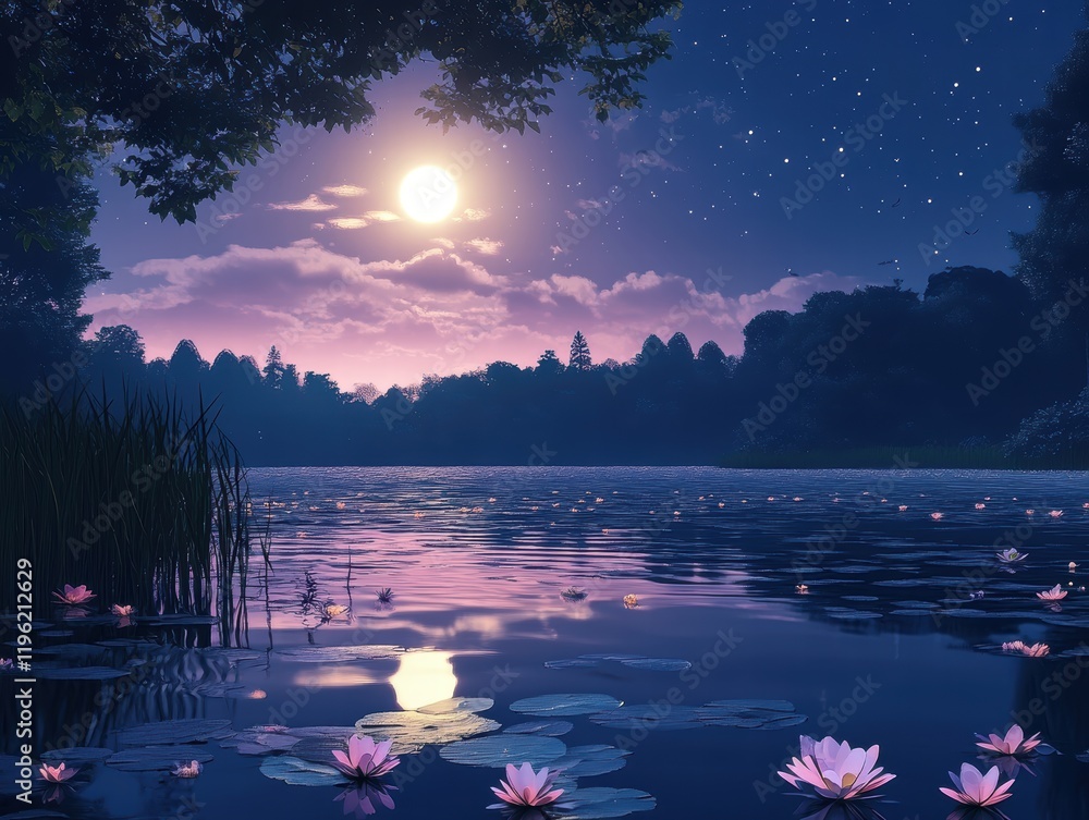 Poster moonlight shining on dark water, with soft reflections creating a serene and mysterious scene, surro