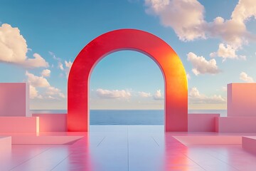 Podium stand on a peach background with blue sky and clouds on a sunny day 3d render