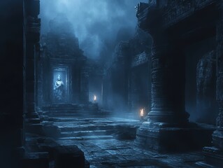 Mystic temple at night, with dark stone walls, dim torches casting long shadows, and the silhouette of a distant statue shrouded in mist.