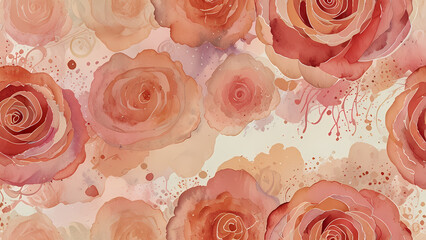 An enchanting romantic-themed abstract illustration featuring watercolor-inspired swirls in pink, peach, and cream tones, layered with faint outlines of roses and hearts that appear to float gently