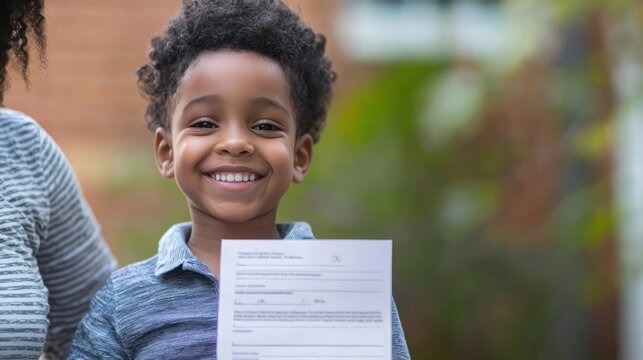 A parent holding up their childâ€™s report card, smiling proudly at their academic achievements.
