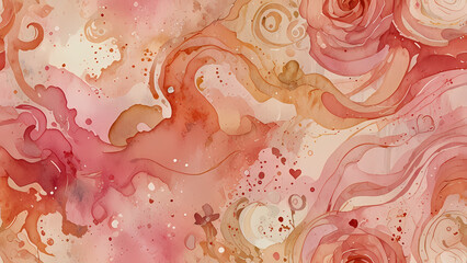 An enchanting romantic-themed abstract illustration featuring watercolor-inspired swirls in pink, peach, and cream tones, layered with faint outlines of roses and hearts that appear to float gently