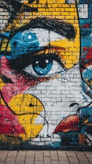 Obraz premium Street art mural on a brick wall, featuring graffiti-style artwork with vivid colors and social commentary.
