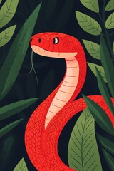 Fototapeta premium Red snake in lush tropical foliage