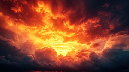 Thunderstorm clouds at sunset, where the sky transitions from fiery reds and oranges to deep black, creating a dramatic and intense effect.