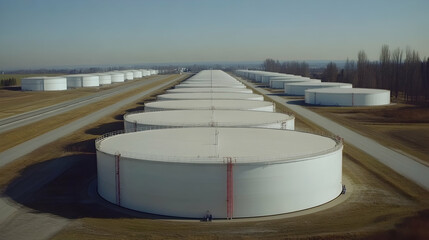 Aerial View of Rows of White Storage Tanks, industrial, petroleum, oil, gas, refinery