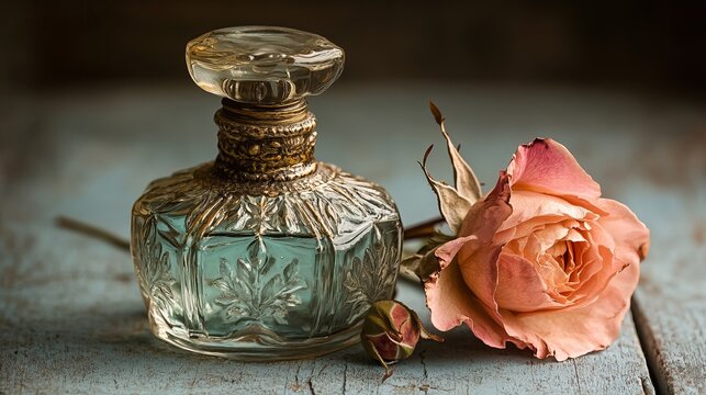 A vintage perfume bottle and a faded rose on a rustic table.