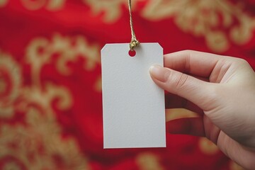 Tag label holding paper hand.