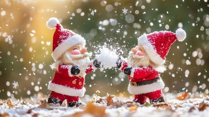 Playful Santa Figurines in a Snowy Winter Scene