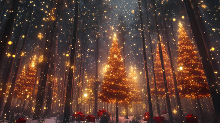 Fototapeta premium Lluminated christmas trees with red and golden garlands into a forest with snowy flakes with shape of stars close to xmas gifts in red boxes , generative ai illustration. Blazetide. Illustration