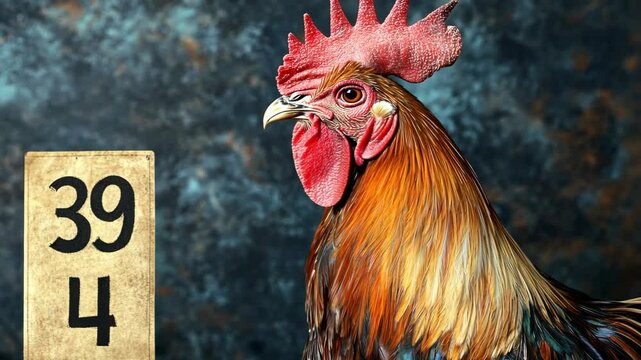Colorful rooster portrait with identification number displayed in a studio setting
