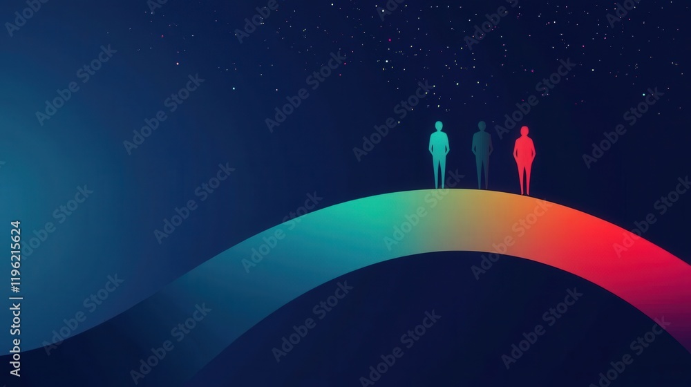 Poster silhouettes standing on a glowing bridge labeled with different scripts