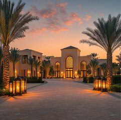 Obraz premium Precise architectural photography showcasing a modern arabesque villa. browns and beiges. Diffused shadows and subtle illumination، surrounding date palm trees