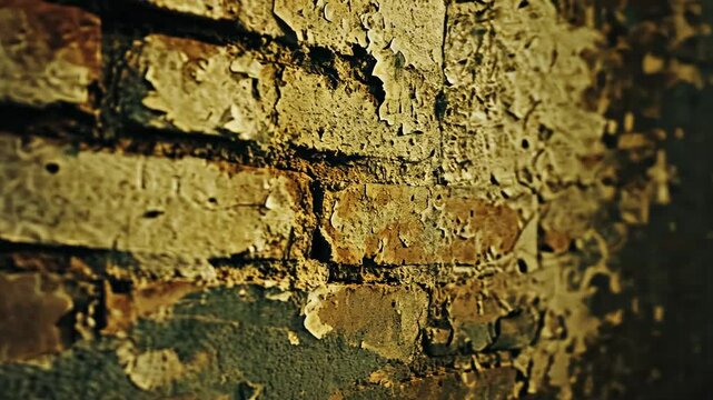 Weathered brick wall showcasing time-worn textures and peeling paint in dim light