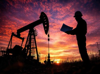 Silhouette of an oil worker standing next to the pump bell, taking notes on his tablet against the background of sunset