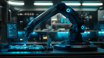 Futuristic Robotic Arm Working in a High-Tech Laboratory, automation, technology, future, science, research