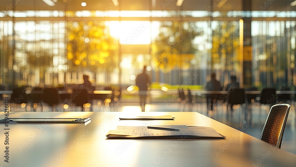 Poster golden hour office: documents rest on desk, sunlight streams through window, reflecting tranquility 