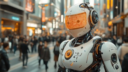 Friendly robot in busy city street.