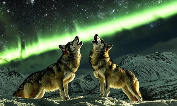 Two wolves howling under the northern lights in a snowy landscape