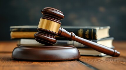 Judge's Gavel on Wooden Desk with Law Books in Background - Symbol of Justice and Legal Proceedings