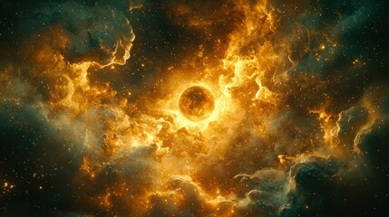 Fototapeta premium Cosmic Nebula: A Celestial Tapestry of Gold and Ember