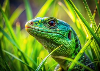 Fototapeta premium Lizard in Grass: Close-Up Documentary Photography - Reptile Wildlife Nature Photo