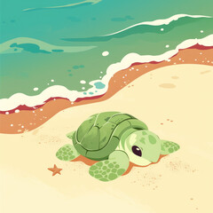 Naklejka premium A Turtle Hiding in Its Shell on a Sandy Beach in a Peaceful Flat Illustration