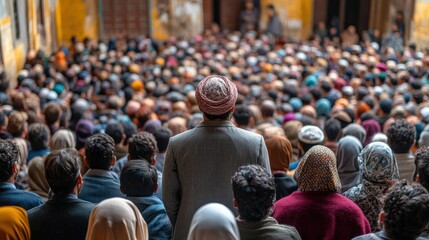 Large Gathering in a Historic Courtyard with Focus on Central Figure