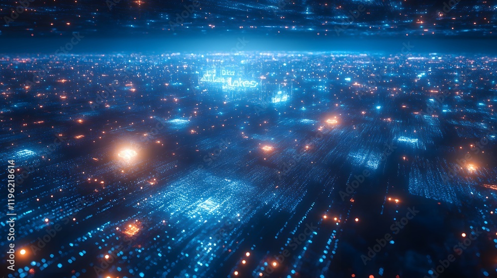 Poster a vast data lake shimmering with raw data in various formats – depicting 