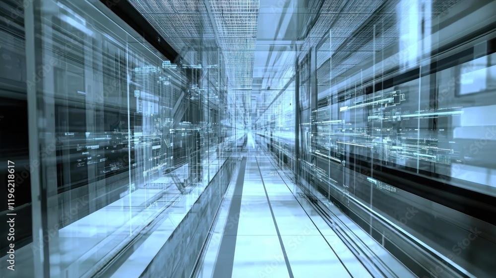 Poster futuristic corridor with abstract digital elements and motion blur.