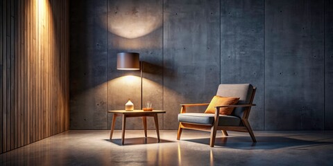 Minimalist Night Interior: Modern Wooden Armchair & Concrete Wall - Calm & Simple Design