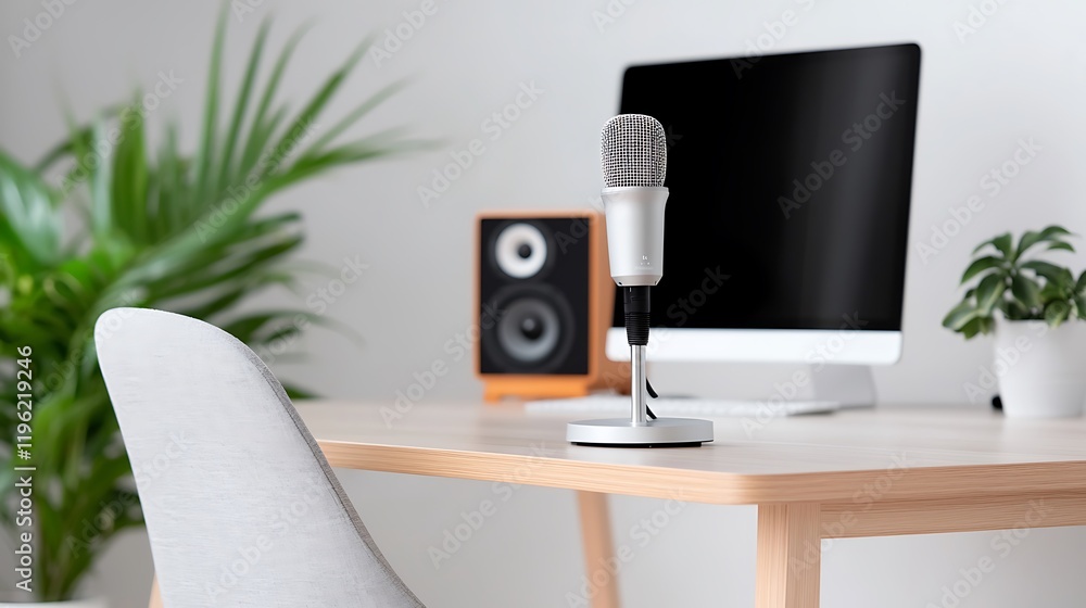 Poster modern home studio workspace with microphone and computer
