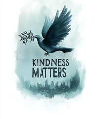 A dove carrying an olive branch flies over a cityscape, with the words 'Kindness Matters' written below.