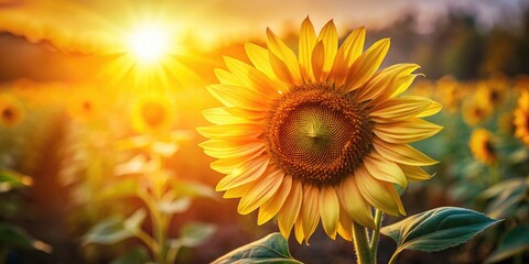 Fototapeta premium Low Light Sunflower Photography: Close-Up Blooming Sunflower in Warm Sunlight, Natural Background