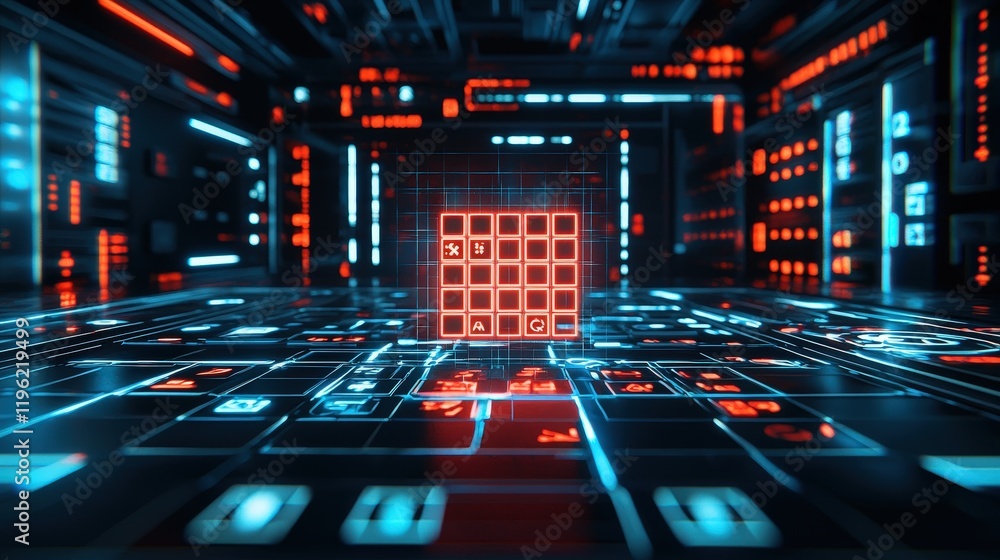 Poster sudoku grid glowing on a futuristic digital screen surrounded by logic icons