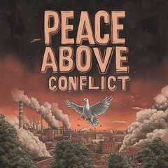A dove flies above a city with smoke and conflict, symbolizing peace.