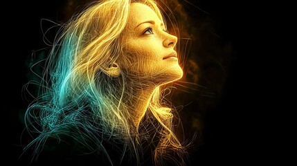 Abstract portrait of a woman with glowing lines. Energy and soul depiction