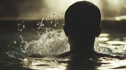An individual in a swimming pool, doing laps, water splashing in slow motion