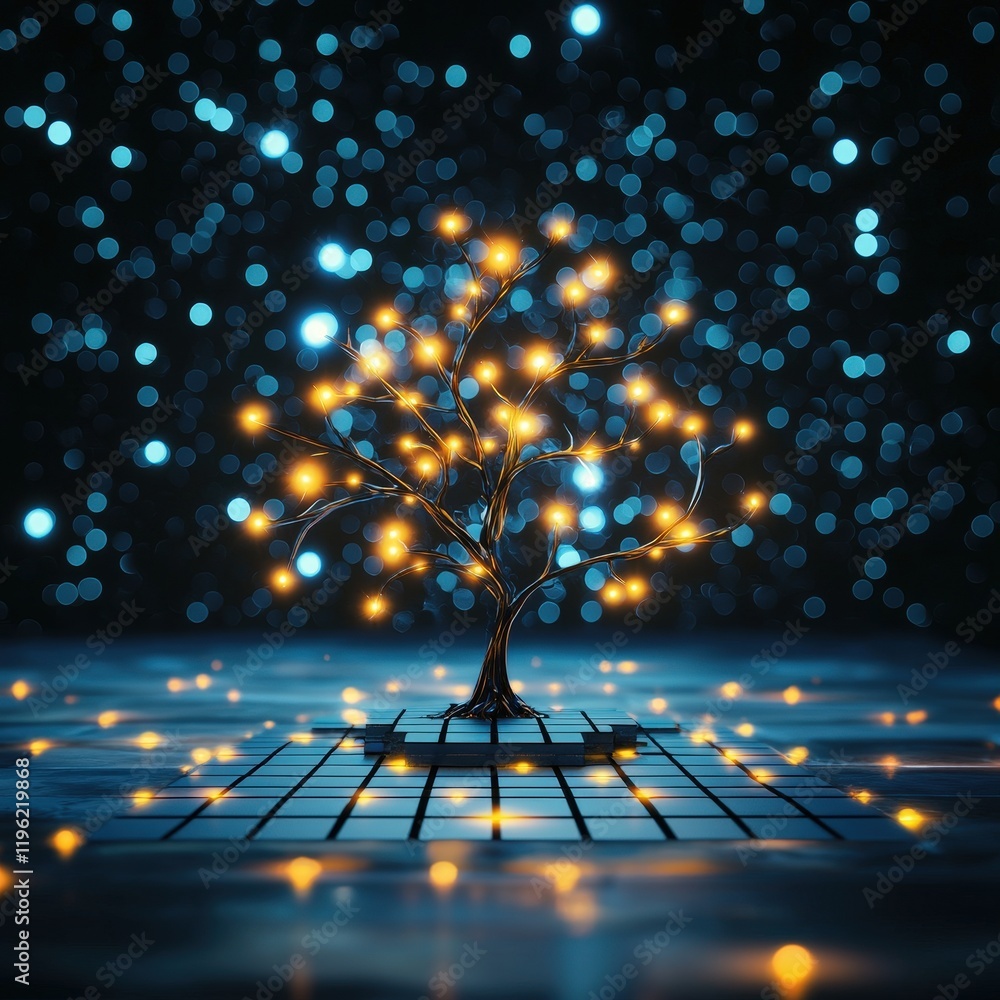 Poster sudoku grid transforming into a creative tree with glowing branches