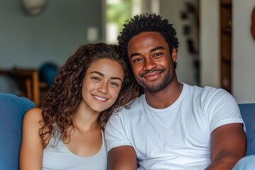 Obraz premium Portrait of happy young African American couple hug sitting on couch at home, smiling black husband and wife look at camera, embrace relaxing together on sofa. Healthy relationships concept