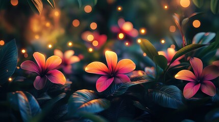 Naklejka premium Abstract garden scene with glowing eco-friendly lights, colorful flowers, and lush greenery