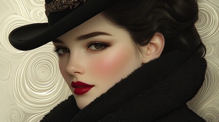 Close-up portrait of a woman wearing a black hat and fur collar, looking intensely at the camera.