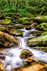 A stream of water flows through a rocky area